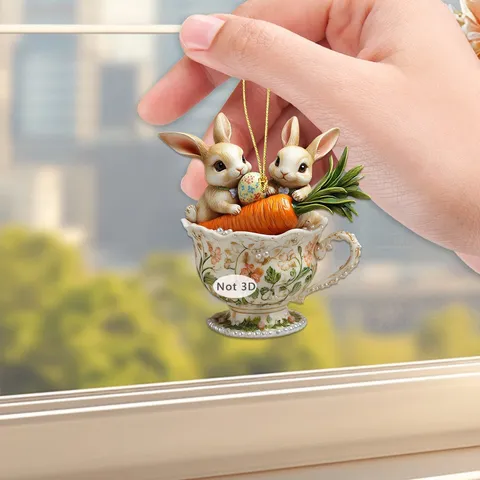 Easter Bunny Coffee Cup Acrylic Hanging Ornament Cute Cartoon Car Rearview Mirror Pendant Backpack Decoration Gift