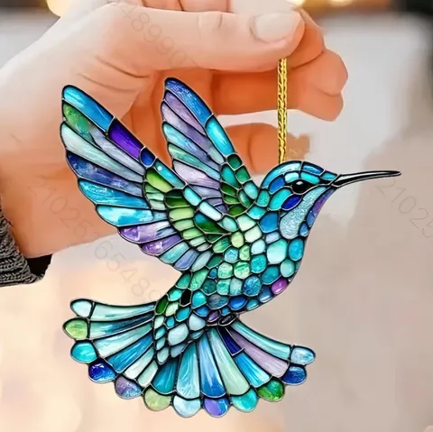 2D Acrylic Flat Colorful Bird Hanging Ornament Stained Glass Style Hummingbird Car Decor Home Window Wall Decoration Gift