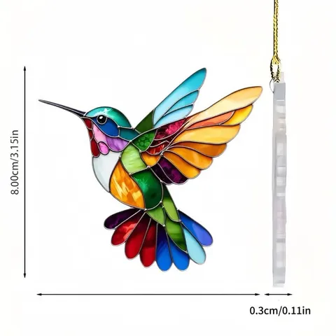 2D Acrylic Flat Colorful Bird Hanging Ornament Stained Glass Style Hummingbird Car Decor Home Window Wall Decoration Gift