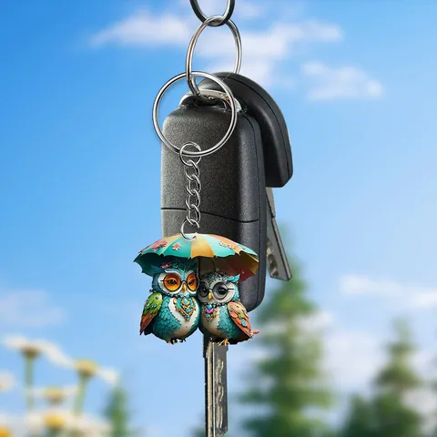 Pendentif Plat en Acrylique Hibou Couple Vert Porte-clés Rétroviseur de Voiture Ornement Suspendu Cartoon Mignon Charme de Sac Cadeau