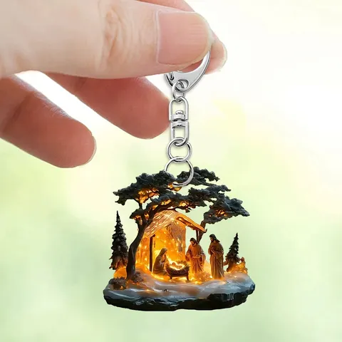 Porte-clés Nativité en Acrylique Forêt au Clair de Lune Naissance de Jésus Ornement Suspendu pour Rétroviseur de Voiture Pendentif de Sac à Dos Cadeau
