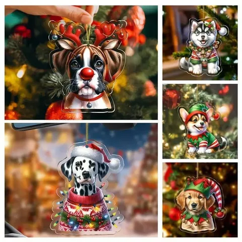 Mignon Chien de Noël Acrylique Ornement Suspendu Plat Décoration Arbre de Vacances Pendentif Intérieur de Voiture Porte-clés