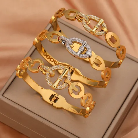 Fashion Stainless Steel Crossbar OT Pig Nose Bracelet Sparkling Full Rhinestone Bangle Geometric Chic Jewelry Gift