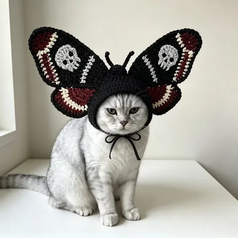 Chapeau de Chat d'Halloween Style Gothique Sombre Crâne Papillon Cornes Dentelle Maille Couvre-chef Chiens Fête Costume