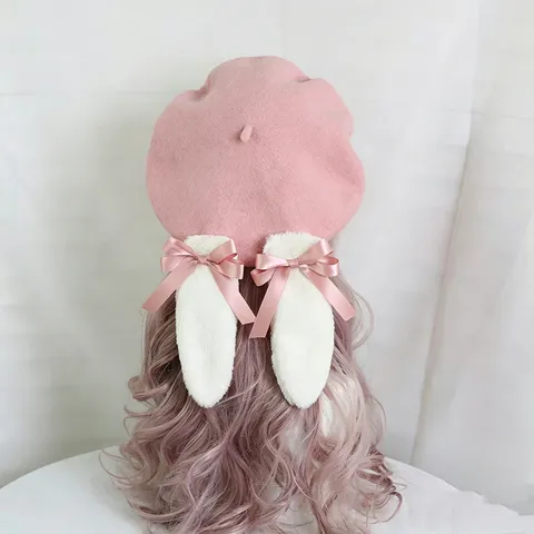 Cute Lolita Lop-Eared Bunny Ear Beret Hat Sweet Girl Kawaii Bow Polyester Knitted Cap For Women Winter Warm Fashion Accessory