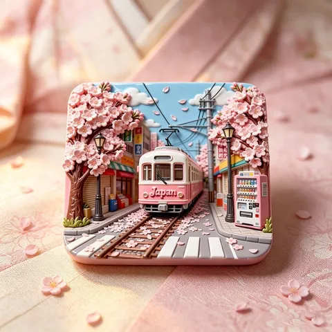Pink Sakura Tram Flat Acrylic Fridge Magnet Japan Travel Souvenir Decorative Sticker For Home Kitchen Office Gift