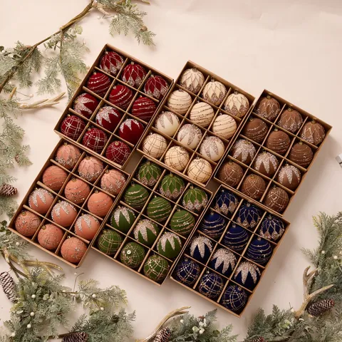 Luxury Flocked Painted Christmas Balls Boxed Hanging Pendants Vintage Holiday Tree Home Decor Ornaments Party Supplies