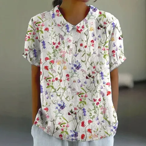 Women Vintage Floral Print Linen Shirt Short Sleeve Lapel Casual Loose Top Summer Blouse Botanical Tropical Animal Pattern Button Down Shirt For Women
