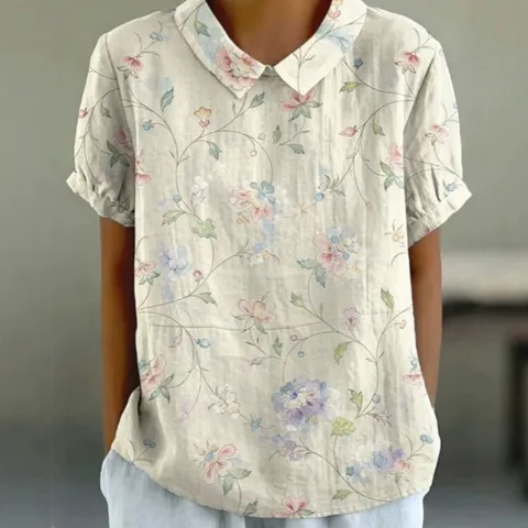 Women Vintage Floral Print Linen Shirt Short Sleeve Lapel Casual Loose Top Summer Blouse Botanical Tropical Animal Pattern Button Down Shirt For Women