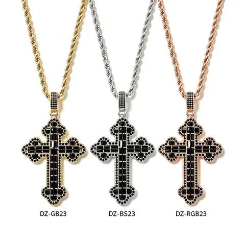 Collier Pendentif Croix Rétro Punk Pour Hommes Cuivre Chaîne Corde Strass Complet Hip Hop Bijoux