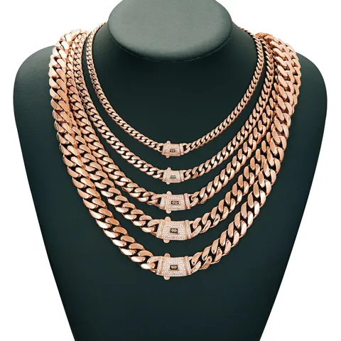 Hommes Hip Hop Chaîne Cubaine Pavée de Strass Collier Acier Inoxydable Plaqué Or Rose Chaîne à Maillons Lourds Bijoux de Mode