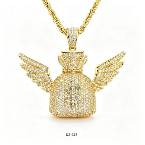 Collier Pendentif Aile Sac d'Argent Hip Hop Cuivre Strass Chaîne Tordue Hommes Femmes Mode Bijoux Cadeau