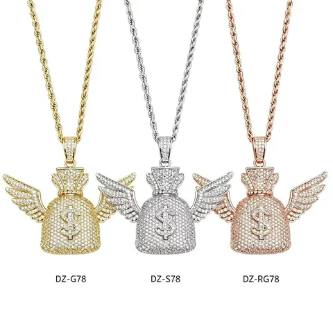 Collier Pendentif Aile Sac d'Argent Hip Hop Cuivre Strass Chaîne Tordue Hommes Femmes Mode Bijoux Cadeau