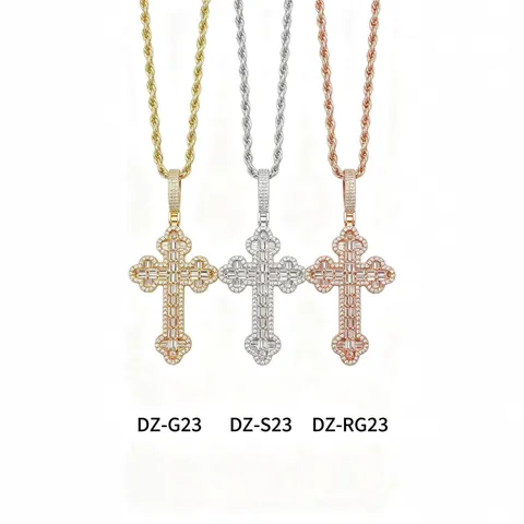 Collier Pendentif Croix Rétro Punk Pour Hommes Cuivre Chaîne Corde Strass Complet Hip Hop Bijoux