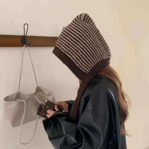 Women Winter Warm Striped Balaclava Hat Ear Protection Knitted Beanie Scarf Integrated Thermal Ski Hood Cap