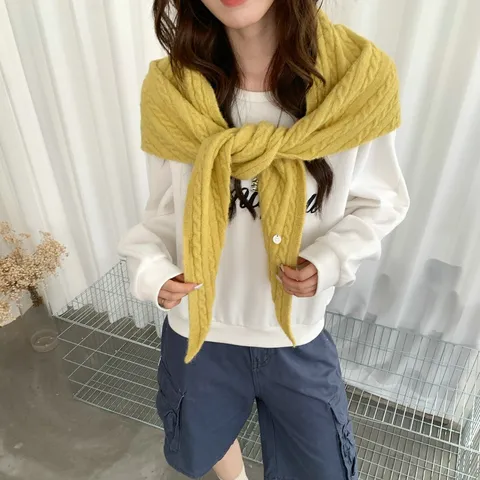 Womens Wool Blend Cable Knit Large Triangle Scarf Winter Warm Neck Warmer Outer Shawl Fashion Scarf