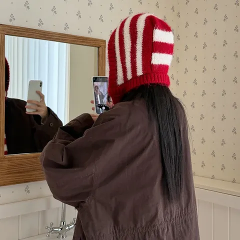 Mujer Invierno Cálido Tejido Balaclava Gorro Bufanda Combo Rayado A Prueba De Viento Capucha Gorro Beanie Exterior Diario Clima Frío