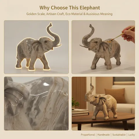 Eco-Friendly Resin Elephant Ornament Deep Walnut Wood Grain And Faux Marble Lucky Wealth Animal Figurine For Home Living Room Table Decor Gift