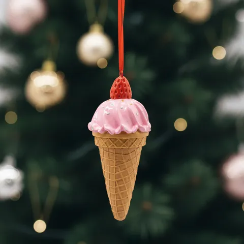 Resin Strawberry Ice Cream Cone Christmas Tree Pendant Cute Pink Dessert Hanging Ornament Home Decor Festive Gift