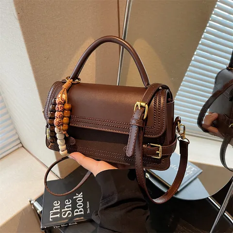 Women Fashion PU Leather Top Handle Satchel Bag Retro Small Square Crossbody Bag Vintage Chic Shoulder Bag with Pendant