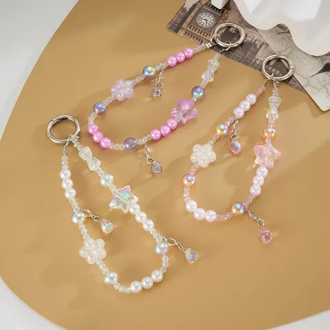 Creative Cherry Blossom Beaded Phone Charm Teardrop Pendant Glitter Star Phone Strap Anti-Lost Decoration Handmade Aesthetic Bag Hanging Accessory For Women