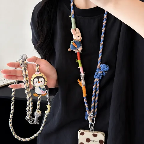 Lindo Dibujo Animado Trenzado Conejo Pingüino Cadena de Teléfono Cruzada Portátil Accesorios de Correa de Teléfono Anticaída para Mujeres