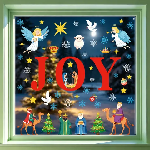 Christmas Static Window Clings PVC Nativity Angel Dove JOY Letter Stickers For Glass Window Christmas Party Home Decor