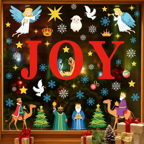 Christmas Static Window Clings PVC Nativity Angel Dove JOY Letter Stickers For Glass Window Christmas Party Home Decor