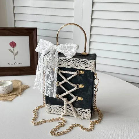 Lolita Style Lace Box Bag Cute Princess PU Leather Crossbody Bag With Bow Ribbon Metal Handle Chain Strap Daily Handbag