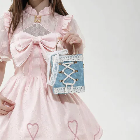Lolita Style Lace Box Bag Cute Princess PU Leather Crossbody Bag With Bow Ribbon Metal Handle Chain Strap Daily Handbag
