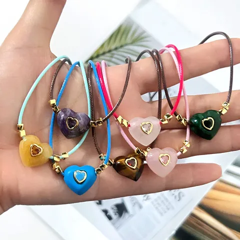 Naturstein Herz Anhänger Halskette Kupfer Strass Wachskordel Schlüsselbein Kette Mode Schmuck Geschenk Für Damen