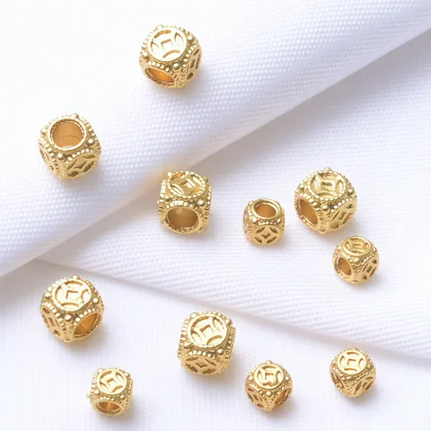 Ancient Gold Color Preserving Copper Square Barrel Spacer Beads Copper Coin Pattern DIY Bracelet Beading Accessories