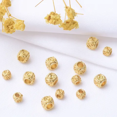 Ancient Gold Color Preserving Copper Square Barrel Spacer Beads Copper Coin Pattern DIY Bracelet Beading Accessories