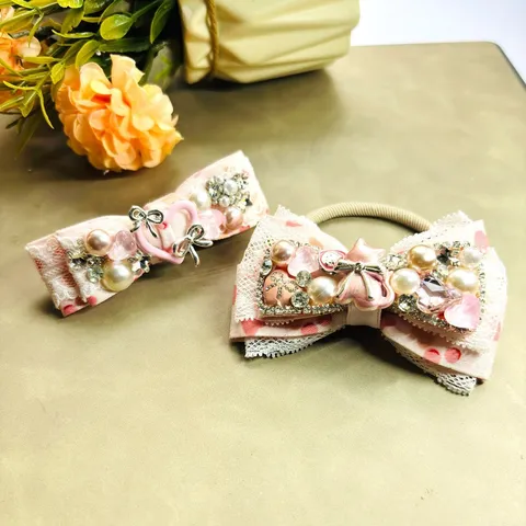 Ensemble Pince à Cheveux et Corde à Cheveux Nœud Rose Dentelle Perle Artificielle Strass Accessoires Cheveux pour Femme Filles