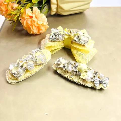 Luxueux Nœud en Dentelle Strass Perle Artificielle Pince à Cheveux Élégante Fleur Jaune Pince à Bec de Canard Élastique à Cheveux pour Femme