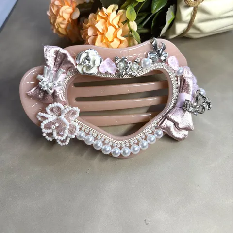 Barrette à Cheveux en Acétate Douce Coréenne Élégante Pince Bec de Canard en Strass Perle Fait à la Main Grande Épingle à Cheveux Florale Accessoires Femme