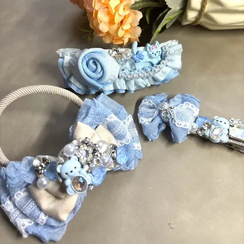 Pince à Cheveux Nœud en Dentelle Bleue Douce Strass Perle Artificielle Ornement Ours Chat Accessoires de Cheveux Faits Main pour Femmes