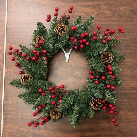 Handmade Christmas Wreath Artificial Pine Needles Pine Cones Red Berries Front Door Wall Hanging Garland Holiday Decoration