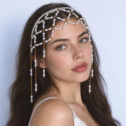 Eleganter Künstliche Perle Quaste Stirnband Netz Haarkette Braut Hochzeit Kopfschmuck Einzigartiger Prinzessinnenstil Quaste Haarband Für Damen Party Schmuck