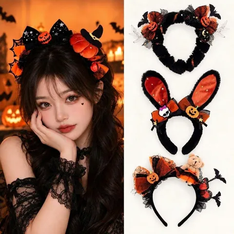 Halloween Headband Pumpkin Ghost Bat Devil Horn Hair Hoop Bowknot Hair Accessories For Kids Adults Party Cosplay Performance