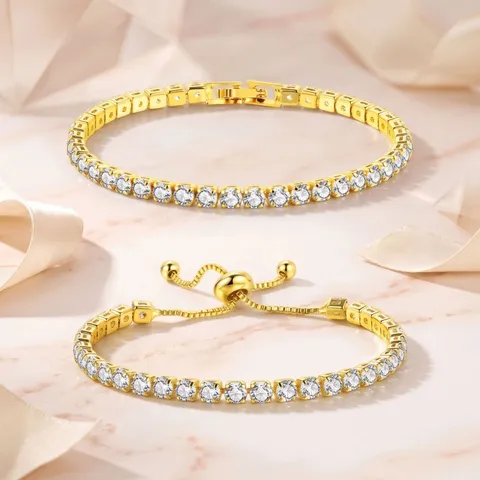 Copper Tennis Bracelet With Round Cubic Zirconia And 18K White Gold Plated Adjustable Bolo Clasp Elegant Jewelry For Women