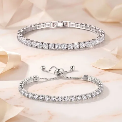 Copper Tennis Bracelet With Round Cubic Zirconia And 18K White Gold Plated Adjustable Bolo Clasp Elegant Jewelry For Women