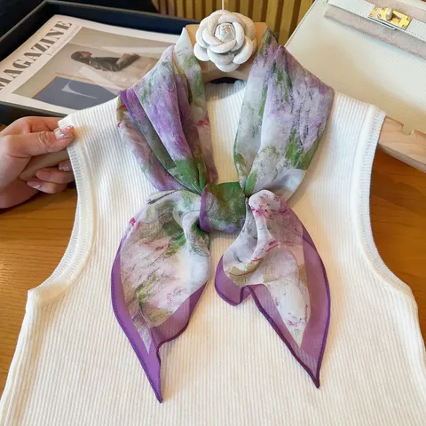 Foulard Long en Ruban Mousseline pour Femmes Imprimé Floral Pois Carré Élégant Printemps Été Mode Accessoire Fin