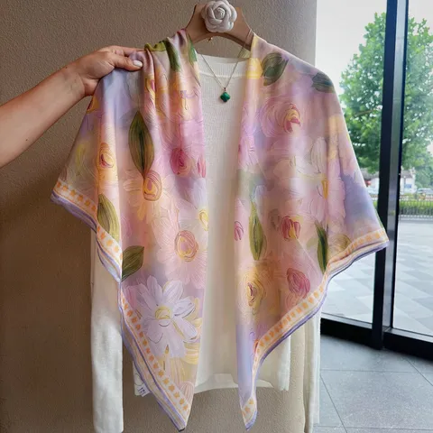 Womens French Vintage Silk Cotton Large Square Scarf Elegant Floral Print Lightweight Sun Protection Shawl