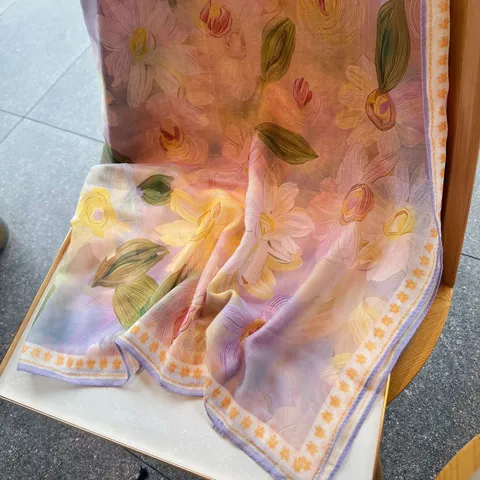 Womens French Vintage Silk Cotton Large Square Scarf Elegant Floral Print Lightweight Sun Protection Shawl