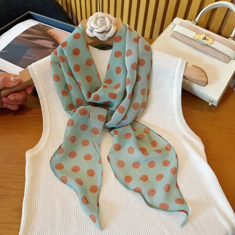 Foulard Long en Ruban Mousseline pour Femmes Imprimé Floral Pois Carré Élégant Printemps Été Mode Accessoire Fin