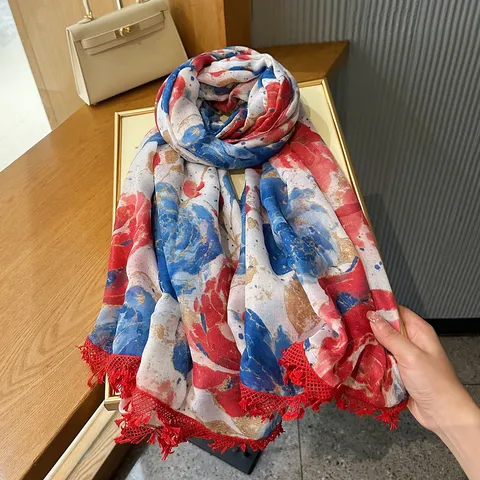 Damen Mode Blumen Druck Schal Leichter Atmungsaktiver Shawl Vielseitiger Frühling Sommer Langer Wickel Mit Roten Spitzenquasten