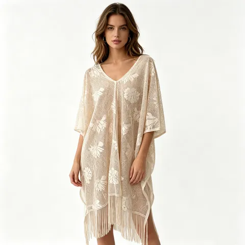 Women's Crochet Lace Beach Cover Up V Neck Hollow Out Short Sleeve Tassel Swimsuit Bikini Coverups Summer Dress