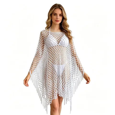 Women Summer Hollow Out Net Tassel Beach Cover Up Cape Casual Loose Vacation Sun Protection Open Front Shawl Top