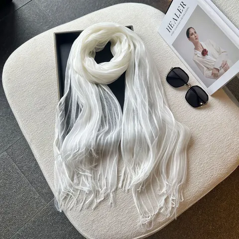 Women Lightweight Knitted Scarf Summer Versatile Tassel Long Shawl Solid Color Hollow Out Fashion Neck Scarf